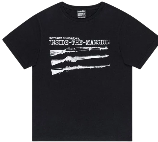 Black t-shirt with white graphic: there are no shadows / INSIDE-THE-MANSION and rifle silhouettes